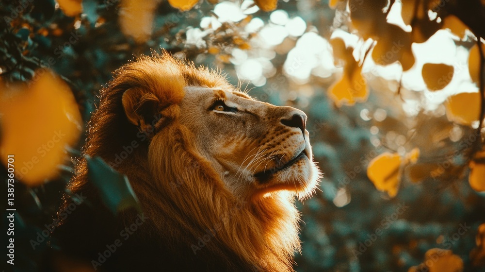 A majestic lion looking up at the sky in a forest during autumn, surrounded by vibrant golden leaves and sunlight.