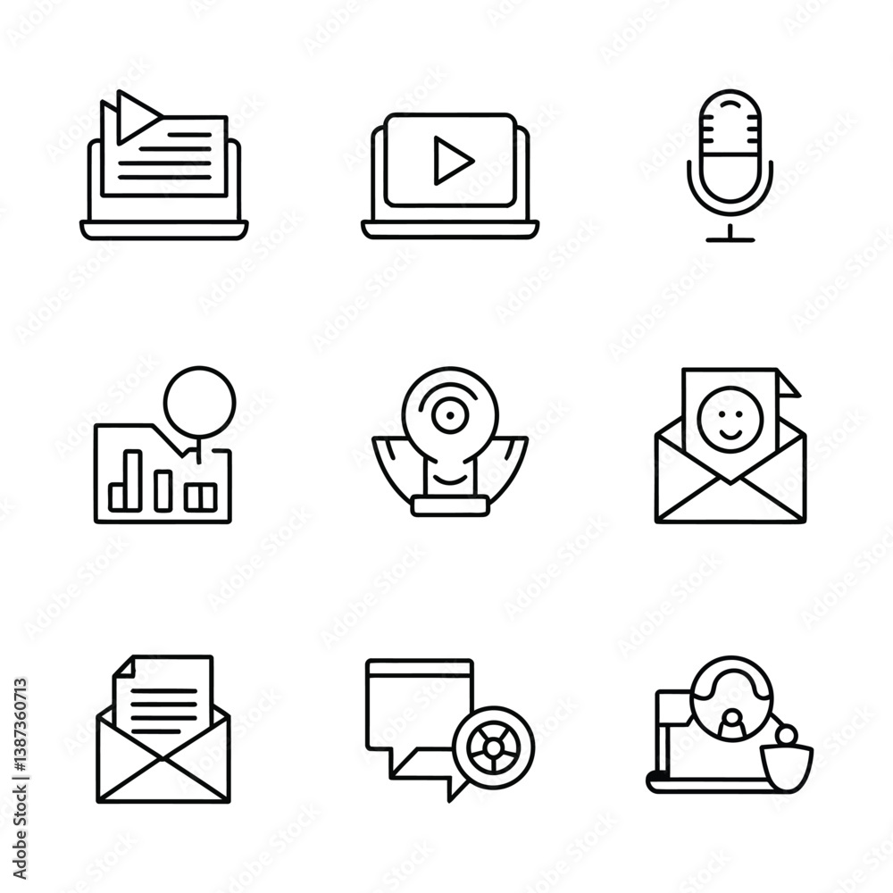 Content Marketing and Blogging Icons. Collection of Modern Communication and Digital Marketing Icons. Content Marketing and Blogging Icons. Collection of Modern Communication and Digital Marketing Icons.