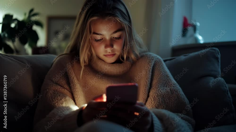 Teenager using a mobile phone, and staring into the screen. The light from the screen illuminates the face and the eyes of the child. Teenager using a mobile phone, and staring into the screen. The light from the screen illuminates the face and the eyes of the child.