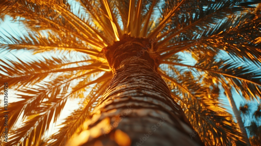 Beautiful tropical beach scene with sunlight filtering through palm leaves.