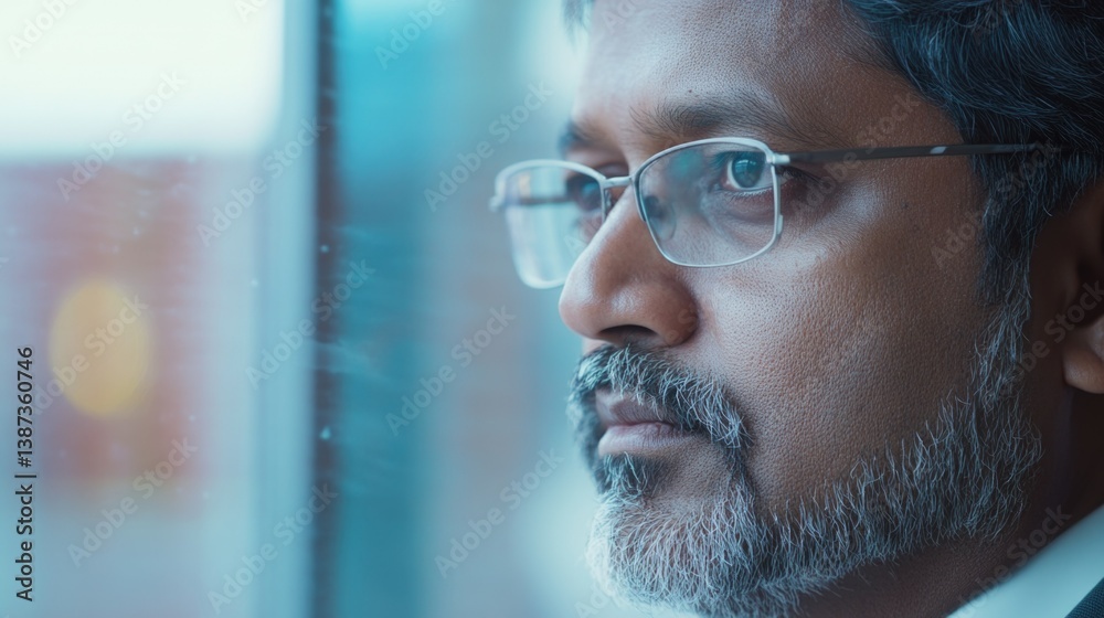 Somber reflection on a business man's face.