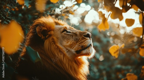 Obraz na płótnie A majestic lion looking up at the sky in a forest during autumn, surrounded by vibrant golden leaves and sunlight. w salonie