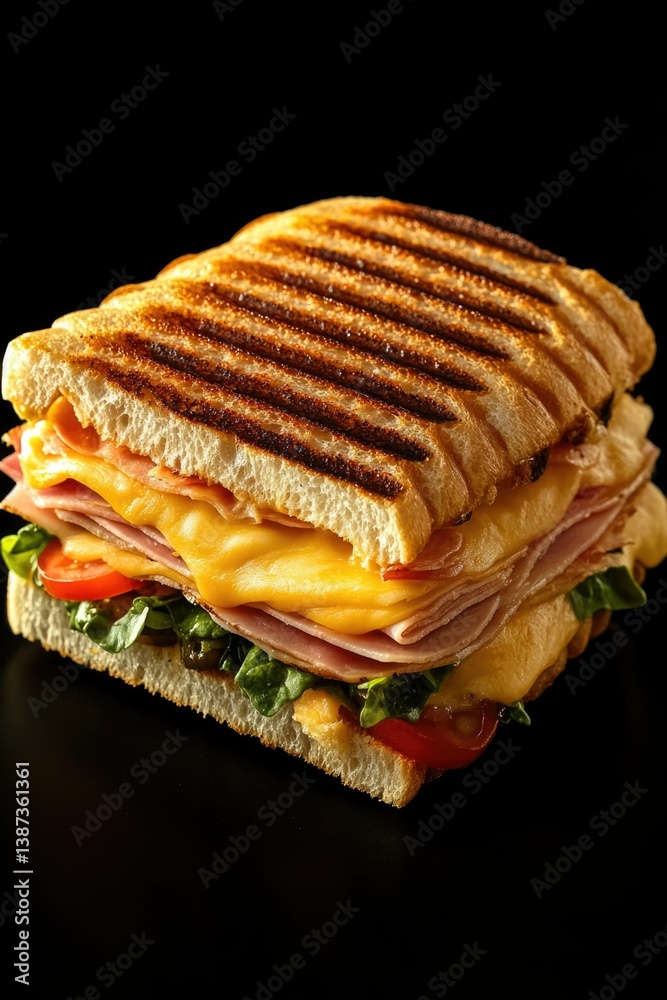 A grilled sub sandwich featuring ham, melted cheese, tomatoes, lettuce, and roasted vegetables on a long roll of bread toasted to perfection.