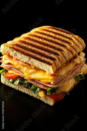 Obraz na płótnie A grilled sub sandwich featuring ham, melted cheese, tomatoes, lettuce, and roasted vegetables on a long roll of bread toasted to perfection. w salonie