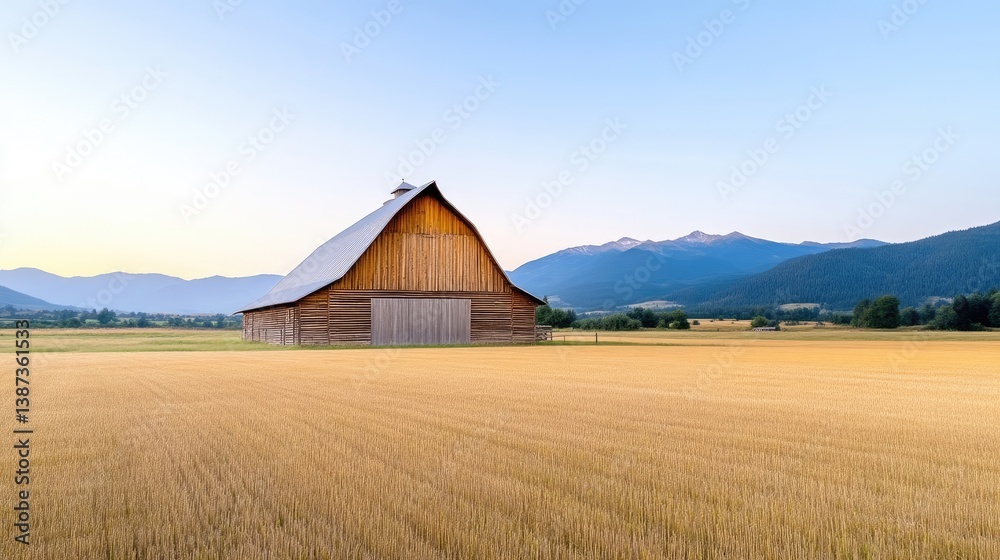 Rustic barn in a golden field at dawn. Mountain backdrop Rustic barn in a golden field at dawn. Mountain backdrop