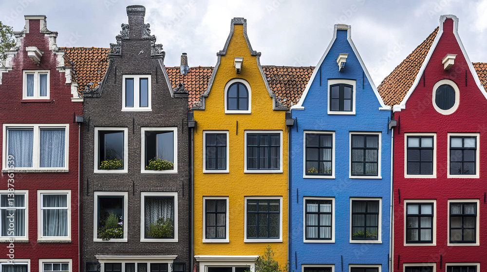 Fototapeta premium Colorful Dutch style row houses with steep gabled roofs