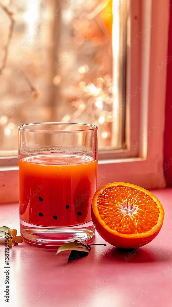 Fototapeta premium glass of orange juice and orange