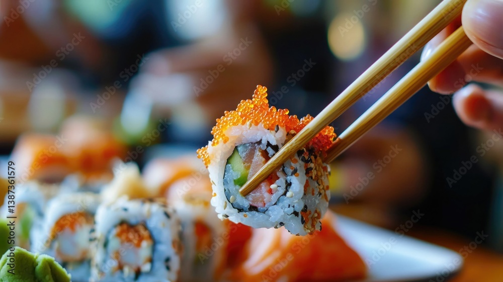 A person is serving sushi with toppings like salmon and seaweed.