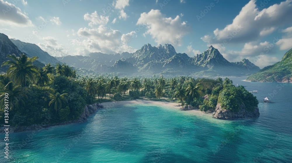 Clear blue lagoon, palm-lined beach, towering cliffs and volcanic outcrops.