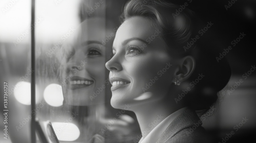 Portrait of a woman smiling in reflection, looking out a window on a city street.