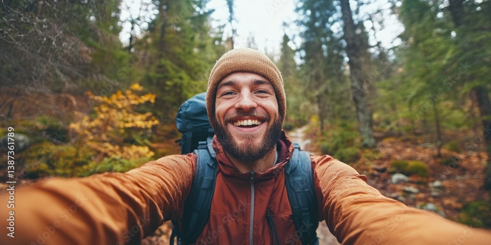 Smiling outdoors adventurer, backpacked with gear.