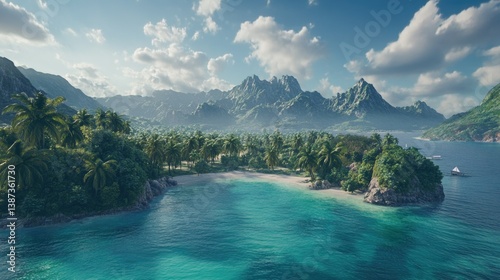 Obraz na płótnie Clear blue lagoon, palm-lined beach, towering cliffs and volcanic outcrops. w salonie