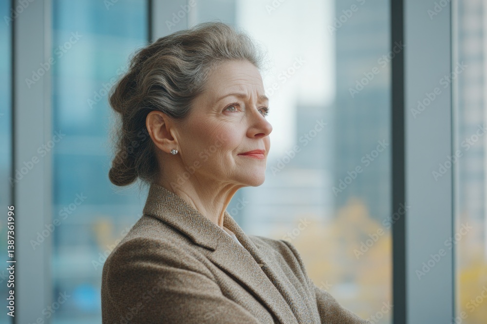 Elderly businesswoman in office with serious expression, looking out window.