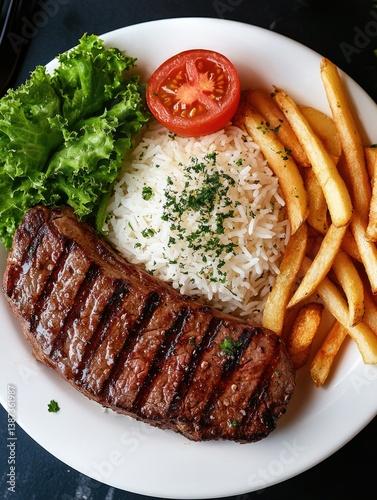 Obraz na płótnie This plate features a succulent grilled steak, served with fluffy rice and crispy fries. A refreshing salad adds a touch of green to the meal. w salonie