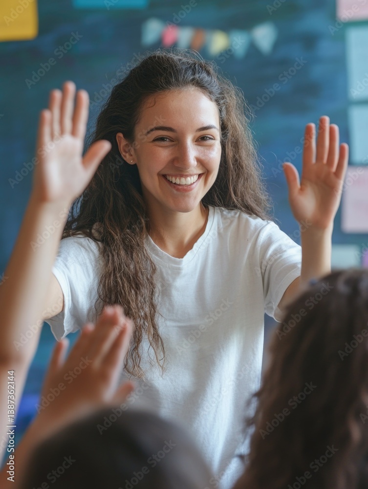 Smiling woman applauding students; classroom full of kids clapping hands