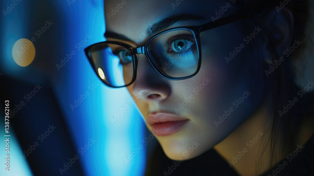 A young woman wearing glasses concentrates on her work on a digital device, possibly a laptop or tablet.