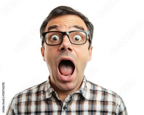 Surprised man with glasses expressing shock and excitement. His wide open mouth and eyes convey strong emotional reaction