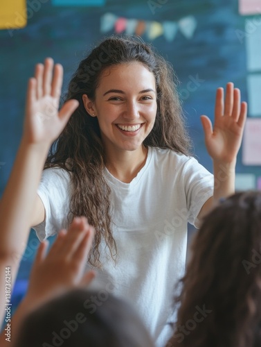 Obraz na płótnie Smiling woman applauding students; classroom full of kids clapping hands w salonie