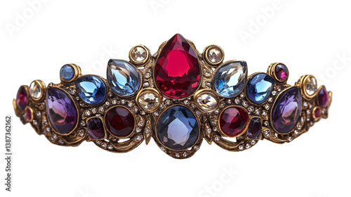 3D rendering of a gold crown adorned with colorful gemstones, reflecting light brilliantly, isolated on a clean white background.