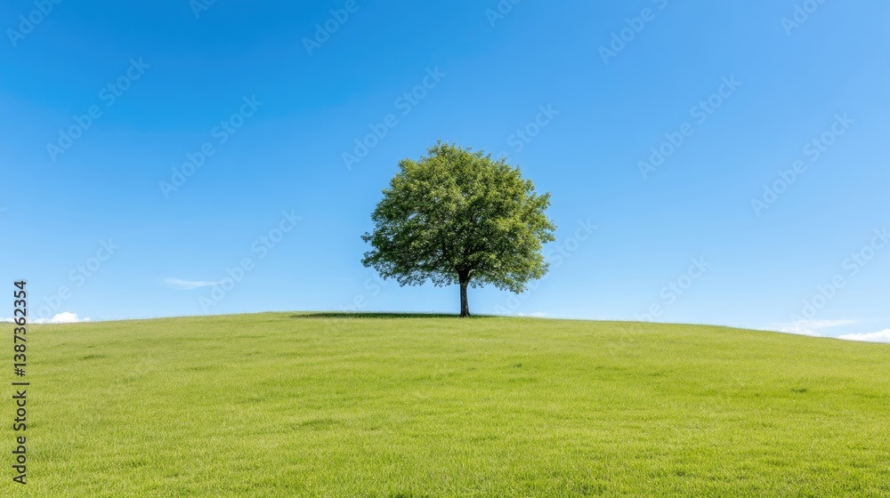 Fototapeta premium A lone tree stands on a grassy hill under a clear blue sky. The composition is simple, focusing on the trees isolation. The image is high-quality, with sharp details and even lighting. Its style is