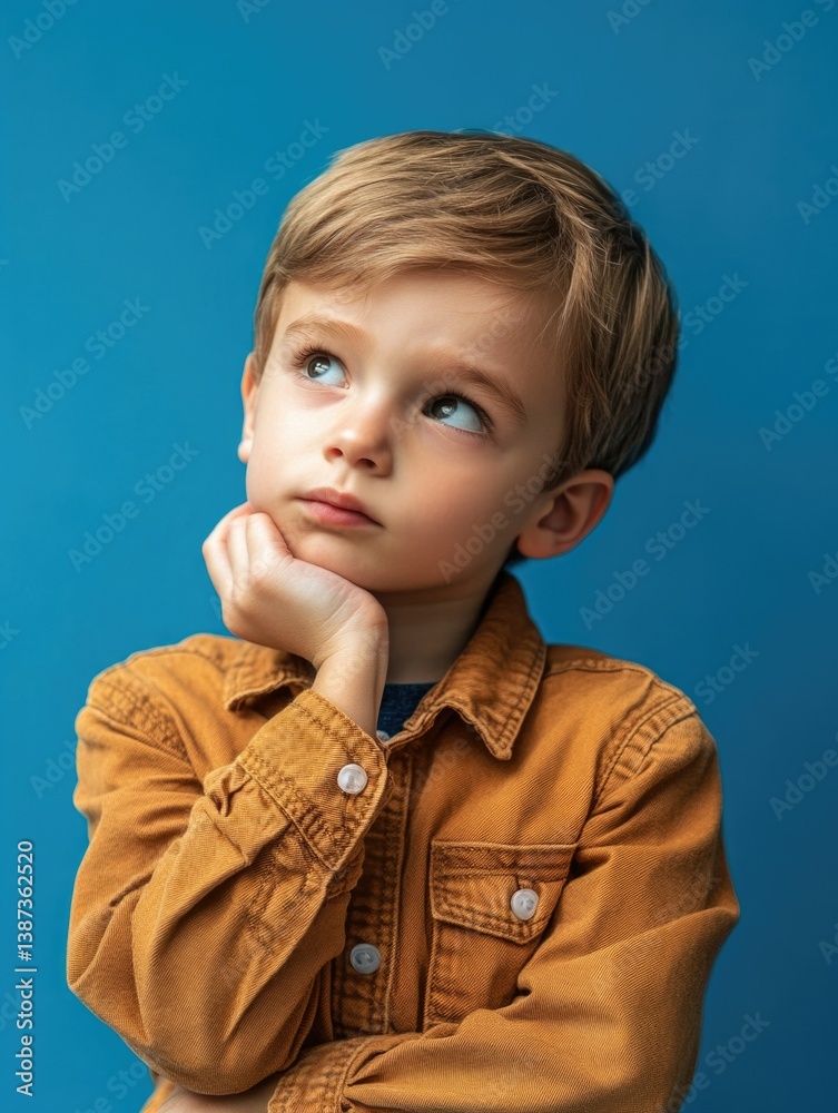 Portrait of a young boy in a denim shirt with a thoughtful and slightly puzzled expression, set against a blue background.