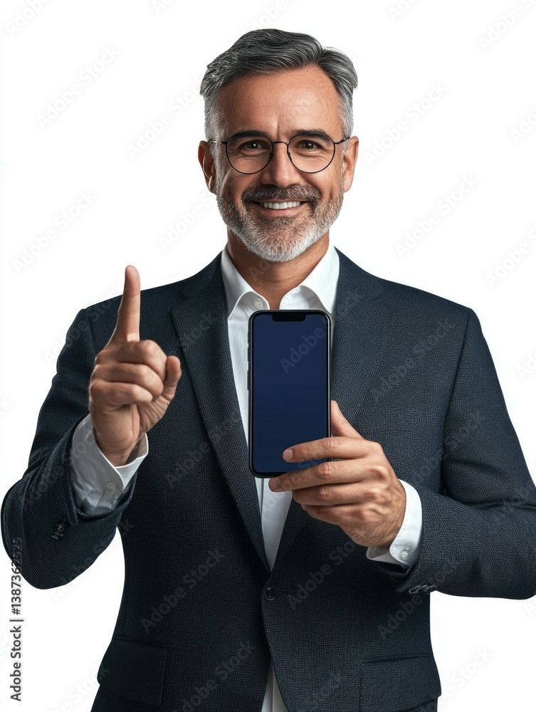 Businessman pointing at cell phone screen