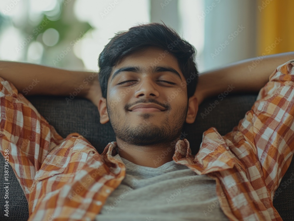 The image depicts a young man in a state of deep relaxation, lying on his side with his eyes closed. He appears to be in a moment of restfulness and comfort, suggesting a peaceful environment.