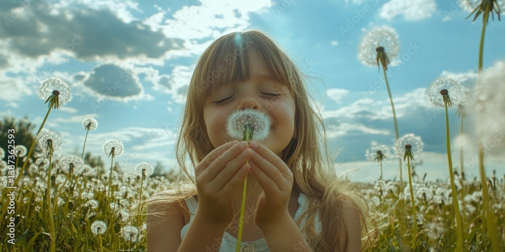 A young girl smiling and blowing a dandelion seed into the breeze, symbolizing carefree childhood.