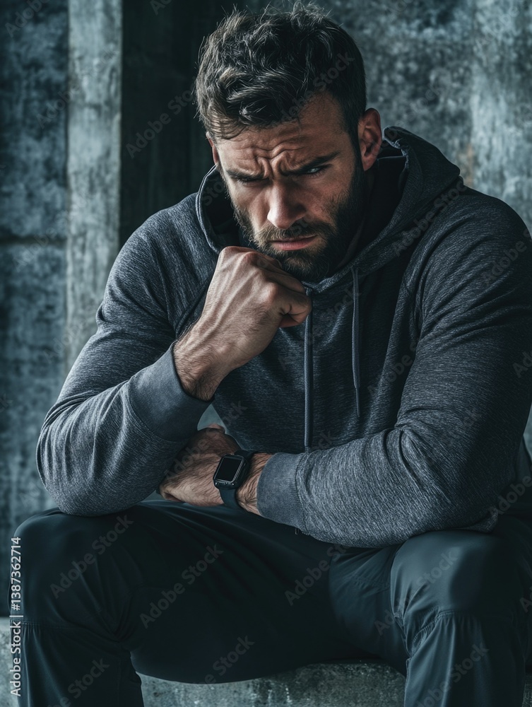 A serious athletic man in a gym, deep in thought with his fists clenched, wearing a workout outfit.