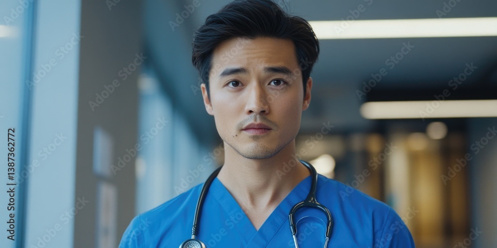 A man in a blue medical uniform, looking serious, suggesting he is on duty at a healthcare facility.