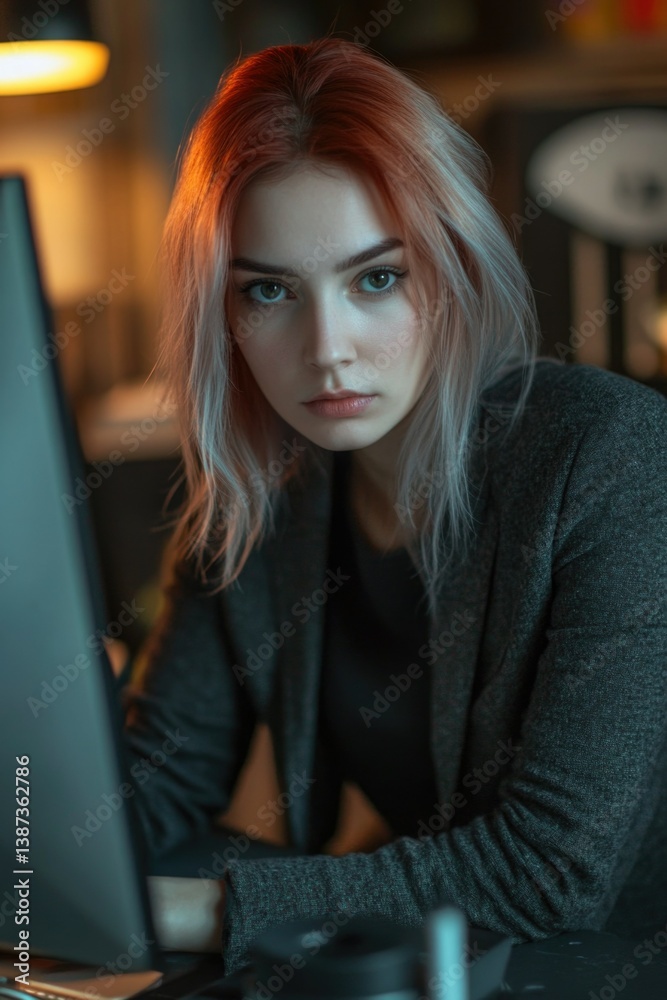 Female professional working on computer in modern office environment.