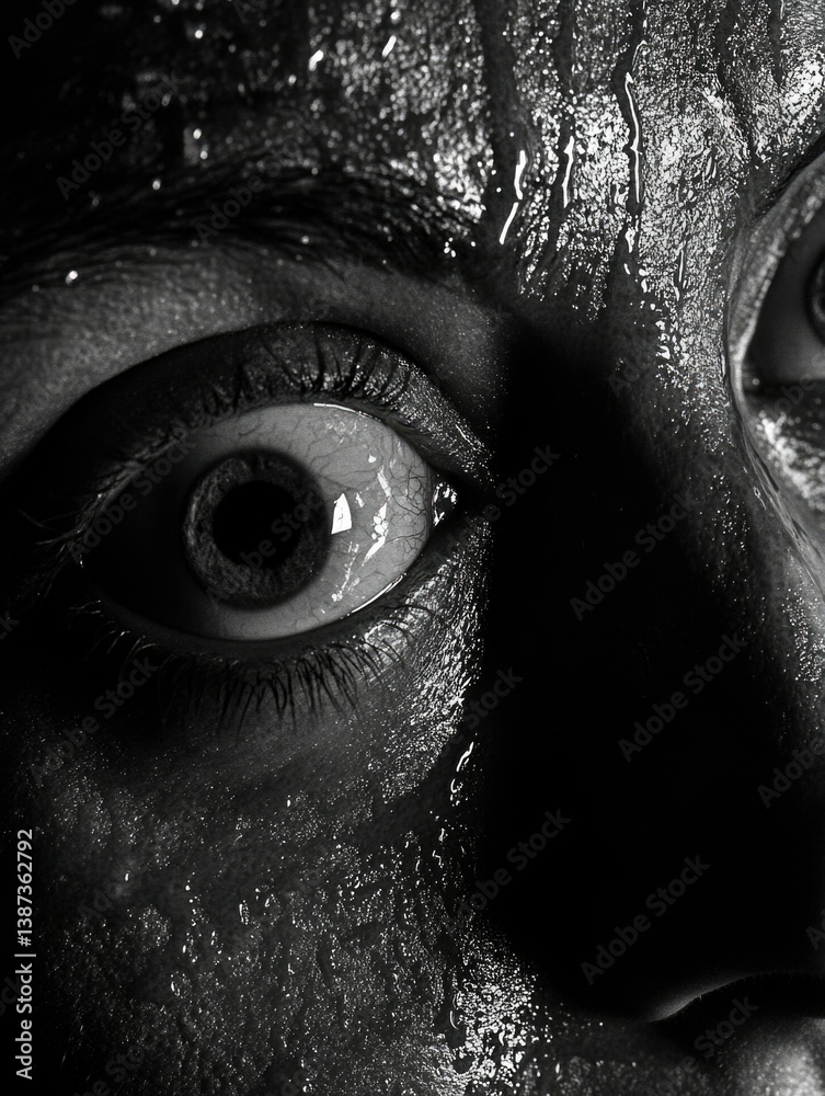 Close-up face of woman with wide eyes and intense expression, possibly reacting to a surprising or scary moment.