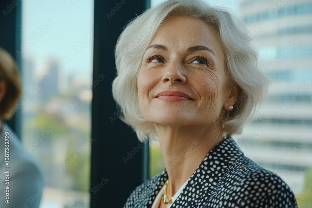 Female executive in business attire with glasses, smiling at camera. Professional and confident demeanor.