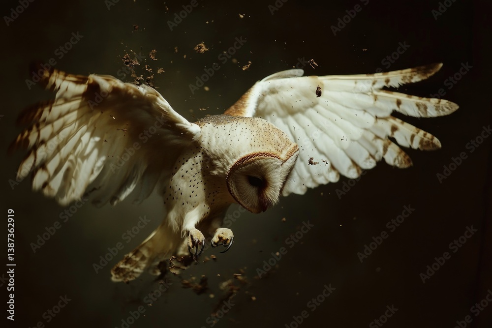 Bird in mid-flight with extended wings. Closeup shot showing details of the owl's talons and feathers.