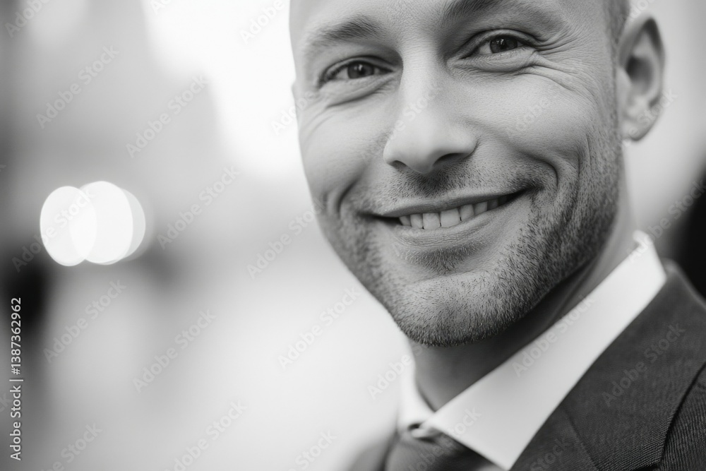 Portrait of a man in business attire smiling confidently against a city backdrop, suggesting professional success and positive emotions.
