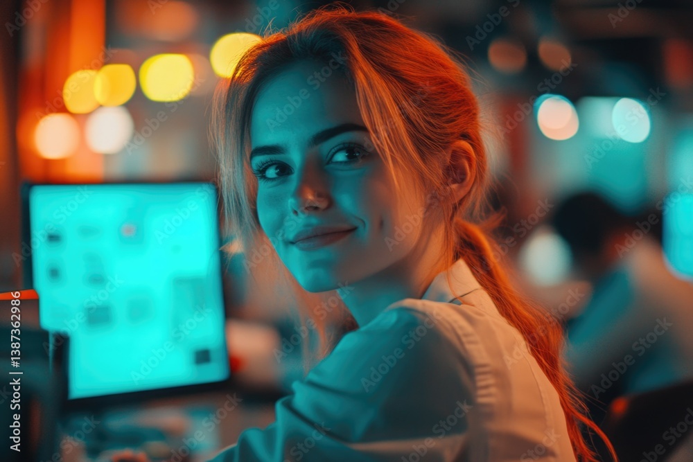 Technology worker, digital interface, modern office ambiance