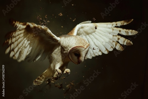 Obraz na płótnie Bird in mid-flight with extended wings. Closeup shot showing details of the owl's talons and feathers. w salonie