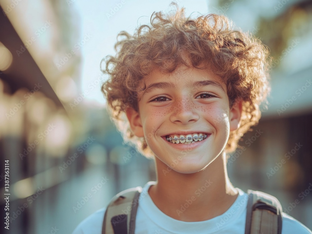 Happy child wearing backpack, likely at school