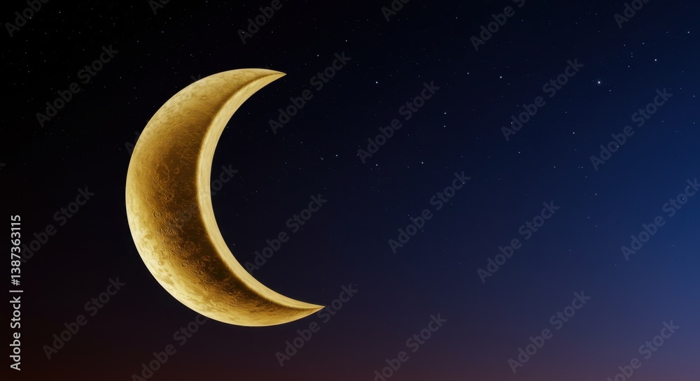 Naklejka premium Golden Crescent Moon in a Starry Night Sky: Celestial Beauty