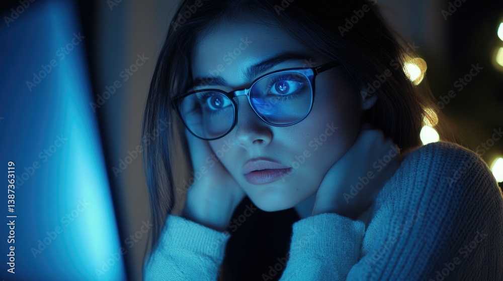 Digital, Modern, Computer Monitor, Lights, Girl, Glasses, Concentration, Screen Time, Technology, Work
