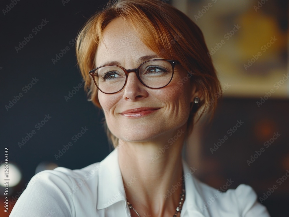 A professional woman in glasses with a sophisticated smile.