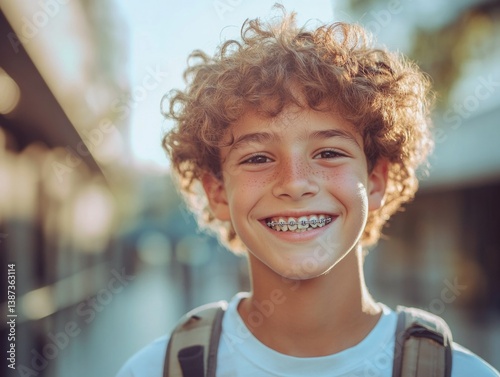 Happy child wearing backpack, likely at school