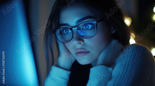 Obraz na płótnie Digital, Modern, Computer Monitor, Lights, Girl, Glasses, Concentration, Screen Time, Technology, Work w salonie