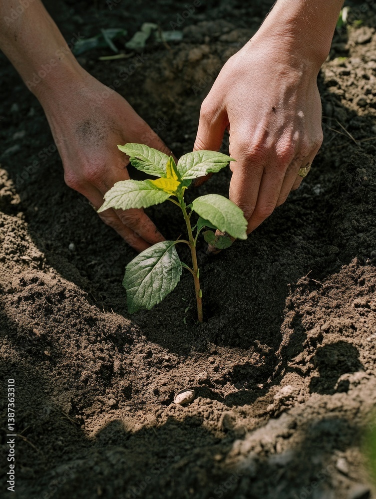 Hands planting a seed in soil, beginning the early development of a young plant.