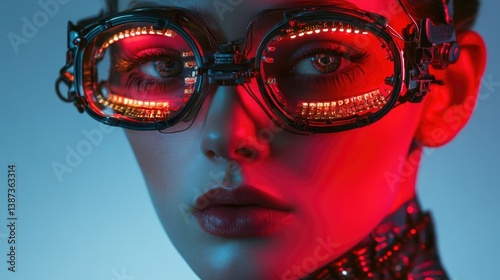 Red and black futuristic fashion accessory on woman's face