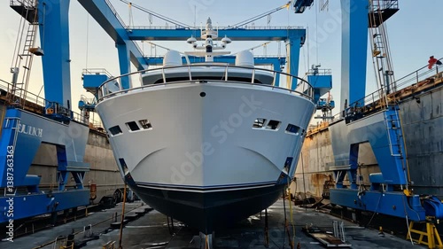 Large yacht being serviced in a shipyard dry dock with cranes and workers at sunset