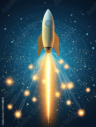 Starup funding roadmap A vibrant rocket launching into space, surrounded by twinkling stars and cosmic light, symbolizing innovation and exploration.