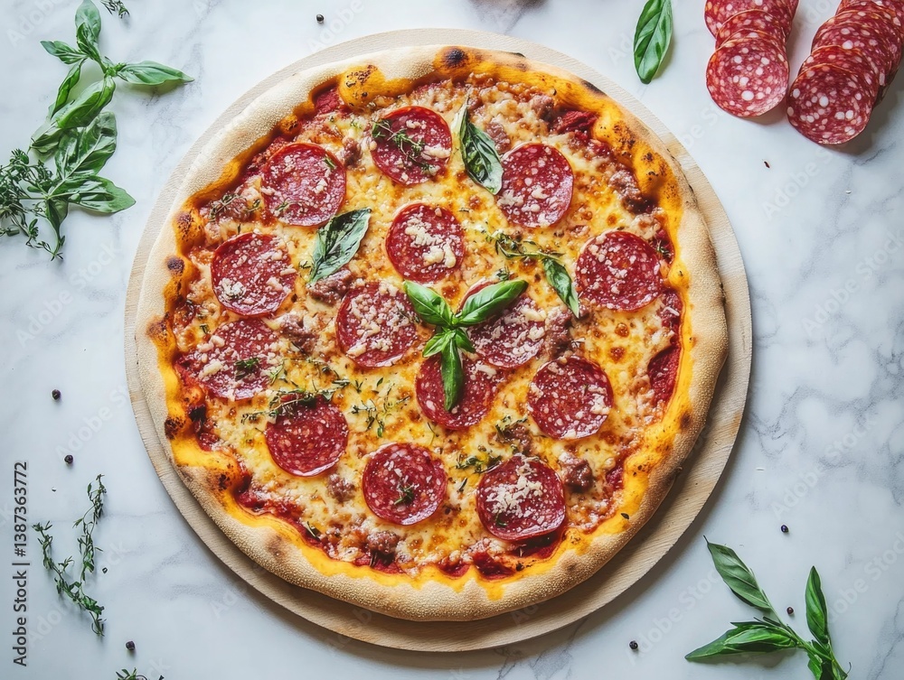 Fresh baked pepperoni pizza with melted cheese and basil leaves, ready for serving.