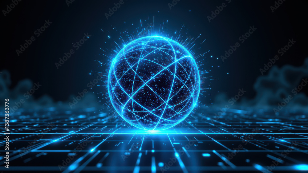 Fototapeta premium A digital illustration of a futuristic globe with network connectivity against a dark cybernetic background, symbolizing cybersecurity and global internet security.