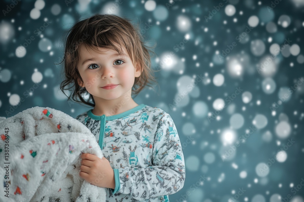 Child holding a cozy blanket with a dreamy background of soft bokeh lights Child holding a cozy blanket with a dreamy background of soft bokeh lights